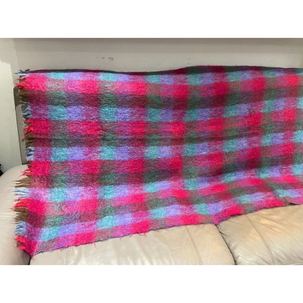 VTG Bonda of Nova Scotia Canada hand Woven Plaid Throw Blanket Soft Mohair wool